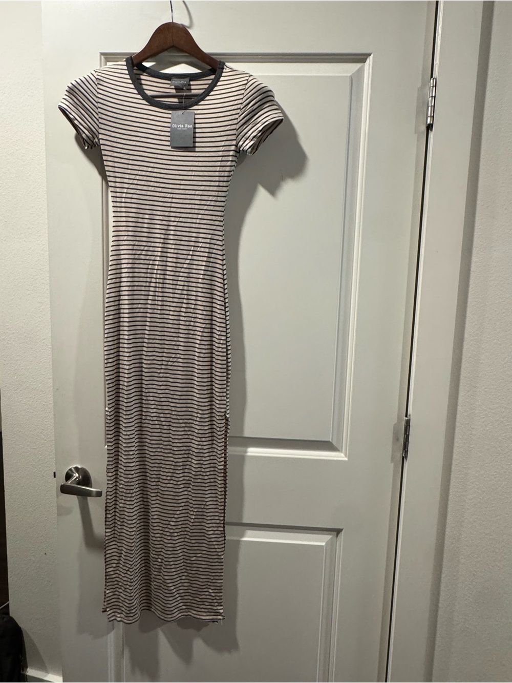 Olivia Rae Beige and Black Striped Short-Sleeve Maxi Dress